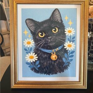 Vintage Style Black Cat Art | Floral Pet Portrait 8x10 Framed